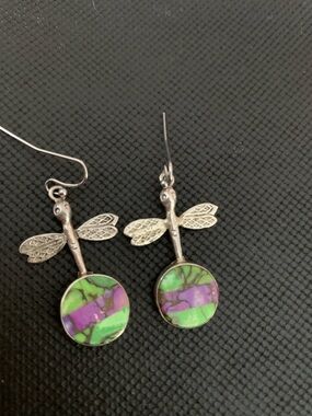 Silver .925  Dragonfly Dangle Earrings with Green and Purple Inlay